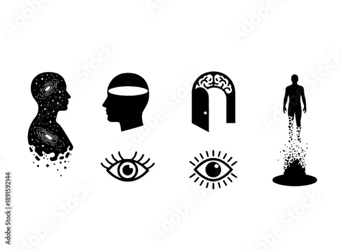 Conceptual Human Head and Awareness Icon Collection Illustrating Perception, Vision, Thought and Mental Clarity
