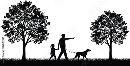 WebBlack silhouette of a father walking with a child and dog on a leash through a park with leafy trees.