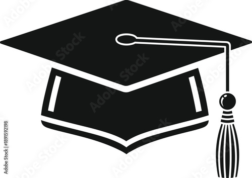 Black silhouette of a graduation cap with a decorative tassel for academic achievement, university commencement, student success, and educational ceremonies.