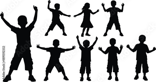 Black silhouette set of happy children and kids in active playful poses jumping and cheering for youth and community concepts.