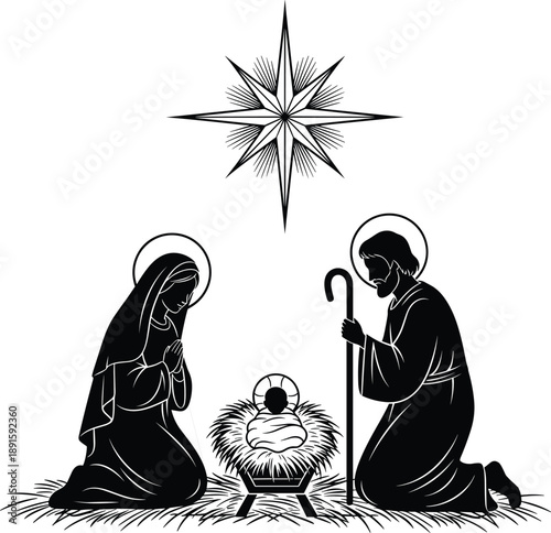 Nativity scene with Mary, Joseph, baby Jesus, Bethlehem star, holy family illustration, religious Christmas birth design, black silhouette art, flat vector