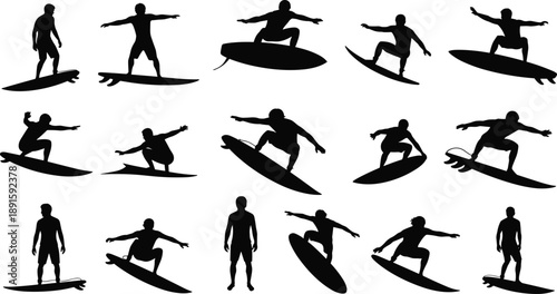 WebBlack silhouette set of surfers riding ocean waves on longboards and shortboards for summer vacation, tropical travel, and sports.