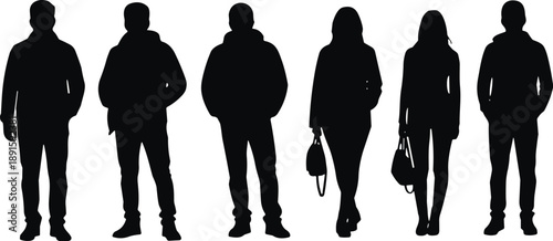 Black silhouettes of diverse group of people standing in casual clothes, isolated on white background for lifestyle and community design.