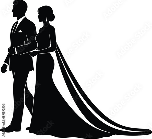 Black wedding couple silhouette featuring a groom and bride walking with a long elegant trailing gown for formal marriage invitations.
