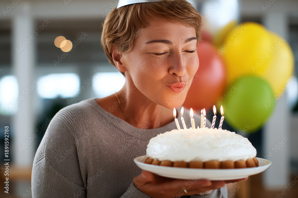 Fototapeta premium Woman blowing out birthday cake candles, smiling, celebrating indoors with colorful balloons in background, joyful atmosphere