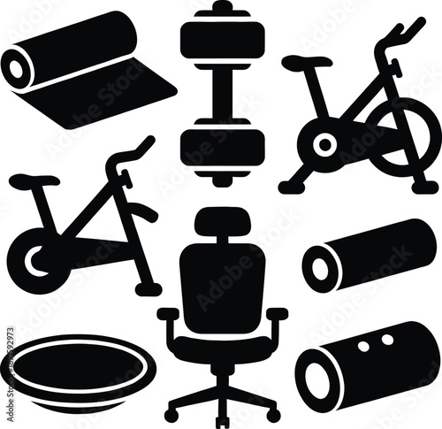Collection of black fitness and office furniture icons including exercise bike yoga mat dumbbell foam rollers ergonomic chair and balance board.