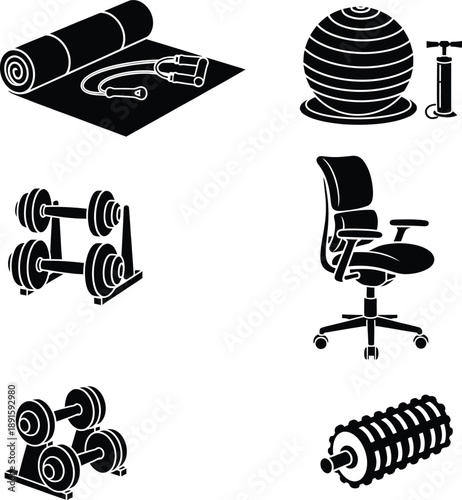 Black silhouette icons of home gym and office furniture including yoga mat with jump rope fitness ball dumbbell rack and ergonomic swivel chair.