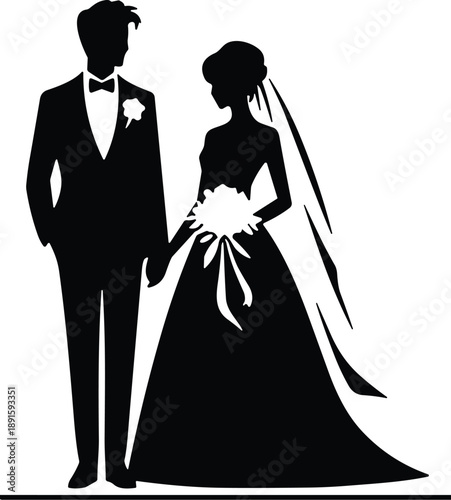 Elegant black silhouette of a bride and groom holding hands including wedding dress bouquet tuxedo and veil for marriage celebration design