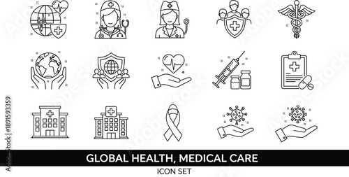 Set of 18 global health and medical care icons—doctors, hospitals, vaccines, symbols—ideal for healthcare visuals, infographics, and educational design assets