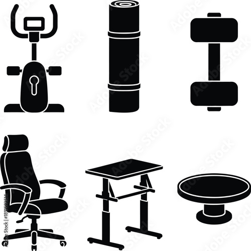 Collection of black fitness and office equipment icons featuring an exercise bike yoga mat dumbbell ergonomic chair standing desk and balance stool.