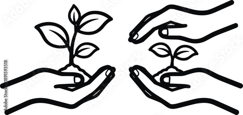 WebEnvironmental protection line icon set featuring human hands holding and protecting young green plant seedlings for ecology and growth concepts.