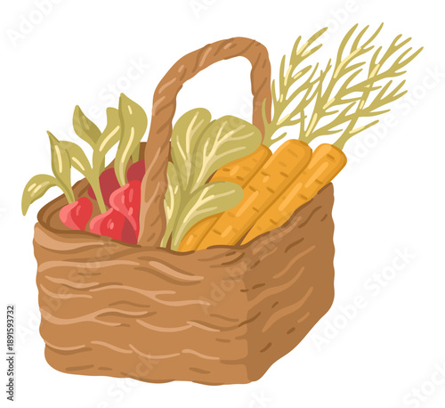 Wicker basket with fresh vegetables. Harvest illustration. Vector.