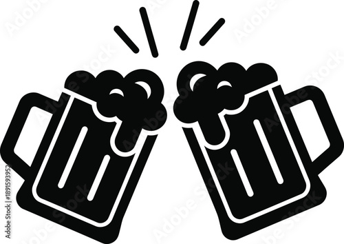 Cheers Beer Mugs Icon in Black Color, Toast Celebration Alcohol Drink Silhouette Illustration Isolated on White Background