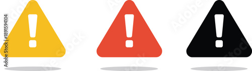Three triangular warning signs with exclamation marks in yellow, red, and black—ideal for alert systems, safety signage, caution graphics, and hazard icons