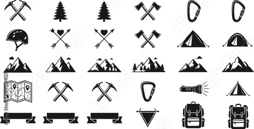 WebOutdoor adventure icon set featuring mountain peaks, camping tents, climbing equipment, hiking gear, forest pine trees, and wilderness exploration symbols.