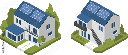 Two modern solar-powered houses with landscaping and balconies—ideal for eco-friendly architecture, sustainable living visuals, and renewable energy residential design assets