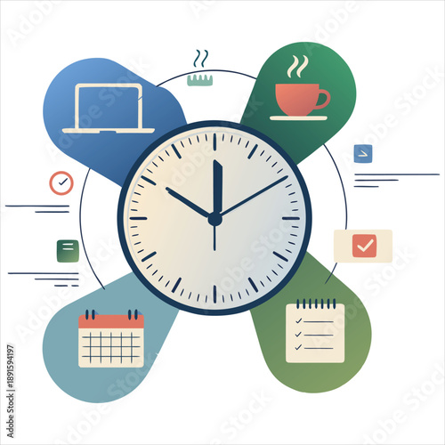 A colorful illustration of a clock surrounded by productivity and time management icons