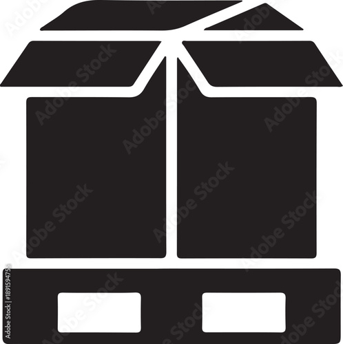 Open Shipping Box on Pallet Icon, Black flat icon of an open cardboard box placed on a pallet, representing warehouse storage, freight transport, logistics handling, and distribution systems.

