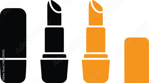 Lipstick Cosmetic Icon Set in Black and Orange Color, Makeup Beauty Product Silhouette Illustration Isolated on White Background