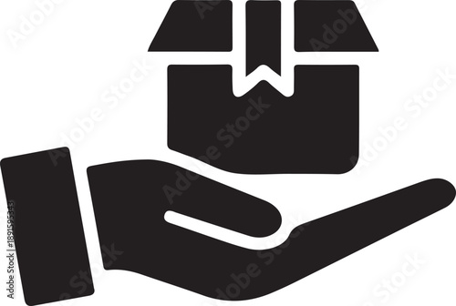 Package in Hand Delivery Icon, Minimal black icon showing a hand holding a package, representing delivery service, receiving goods, logistics support, and customer fulfillment concepts.

