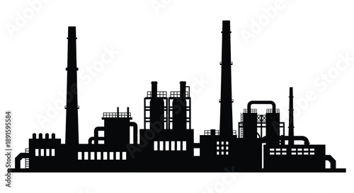A stark black silhouette depicts an industrial factory complex with smokestacks