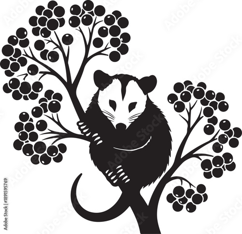 Black and white of an opossum clinging to a berry branch animal wildlife nature