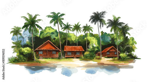 Saint-Laurent-du-Maroni Camp. Saint-Laurent-du-Maroni Camp hand drawn watercolor illustration