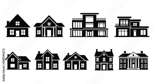 Black silhouettes of various house types arranged in two rows