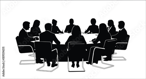A group of people seated around a conference table in silhouette