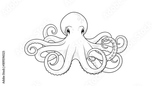 Detailed black and white line drawing of a giant octopus shows its many tentacles with suckers and large eyes in a realistic marine style.