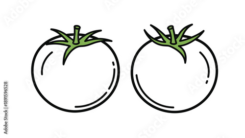 Two fresh whole tomatoes are illustrated with green stems and leafy tops using simple black outlines and subtle shading on a white surface.