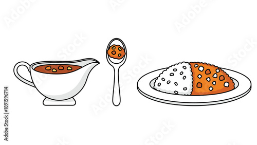 Japanese style curry rice meal is presented with a white ceramic gravy boat filled with sauce and a spoon containing a single bite of food.