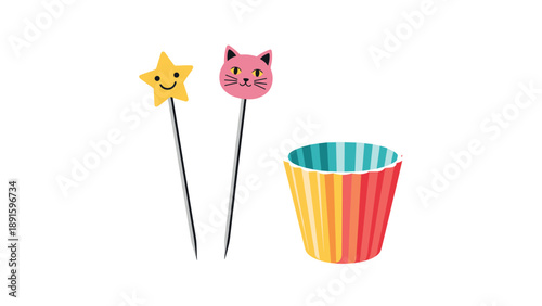 Baking accessories include two cute food picks shaped like a star and a cat next to a vibrant rainbow colored paper cupcake liner for parties.