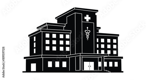 Black and white silhouette of a hospital building with medical symbols