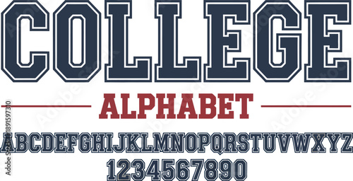 College Alphabet Font in Blue and Red letters numbers 1