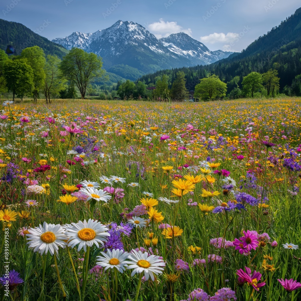 Fototapeta premium Colorful wildflowers blooming in mountain meadow field. Colorful wildflowers blooming profusely across a vibrant meadow with blurred mountains in background