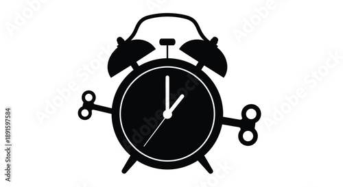 Simple black and white illustration of a classic alarm clock with hands