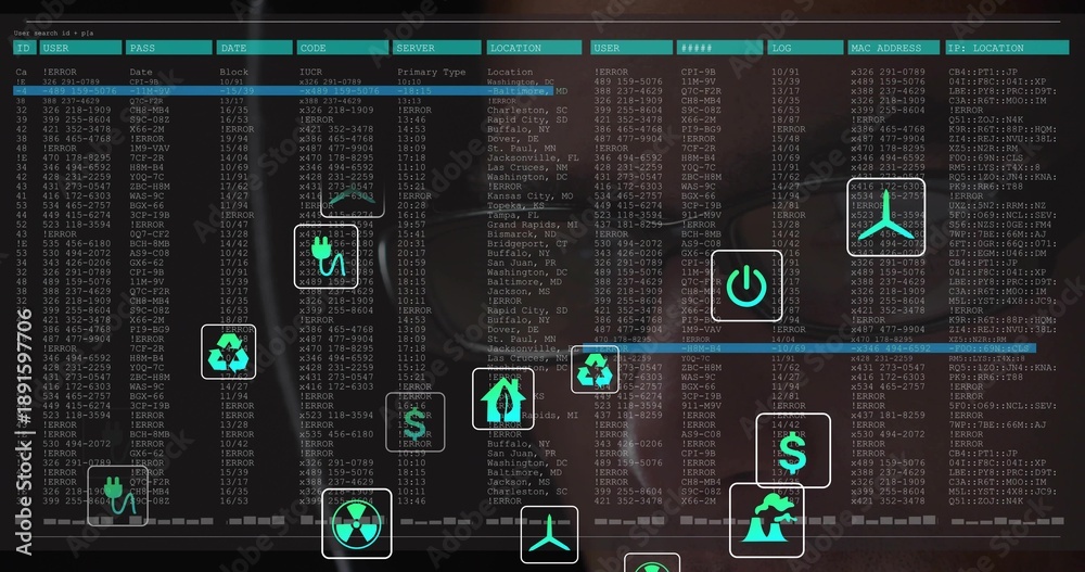 Fototapeta premium Displaying central dashboard filling ops room, showing logs and recycle power dollar turbine icons