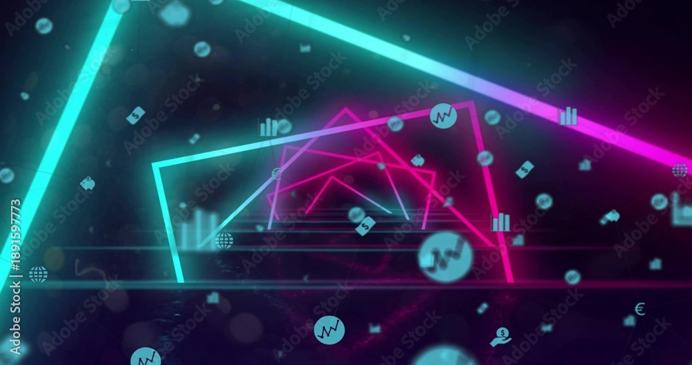 Fototapeta premium Glowing neon triangular tunnel forming receding data corridor, with glossy floor and floating icons