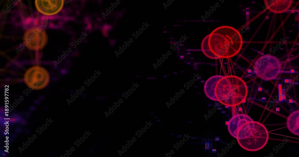 Obraz premium Displaying red node cluster right on dark canvas, with lines, blue-pixels, orange chain, copy space