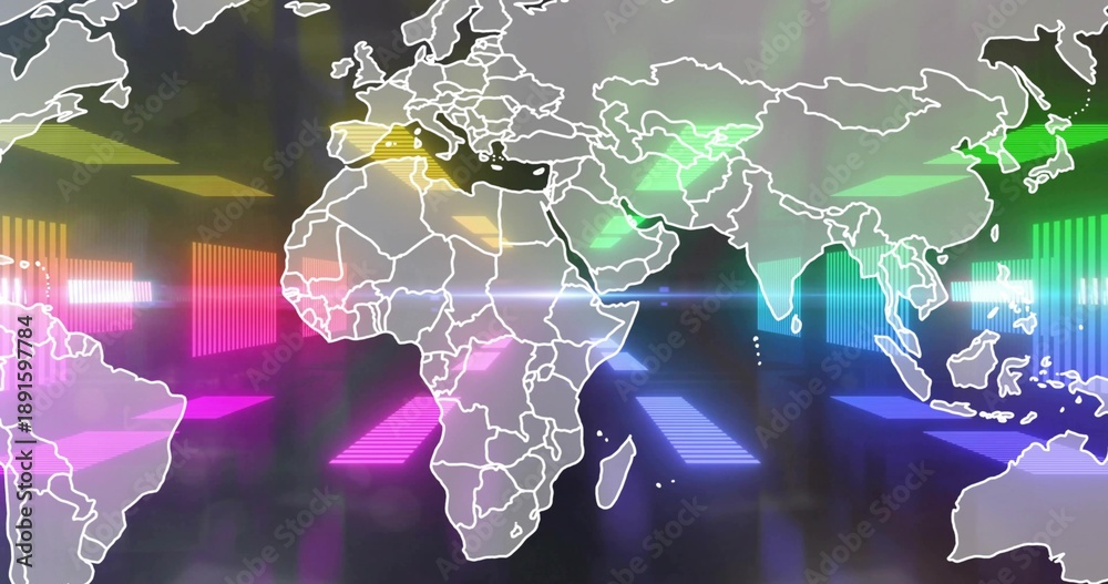 Fototapeta premium Displaying white outlined world map in digital UI, overlaying neon arrows, glowing bars, lens flare