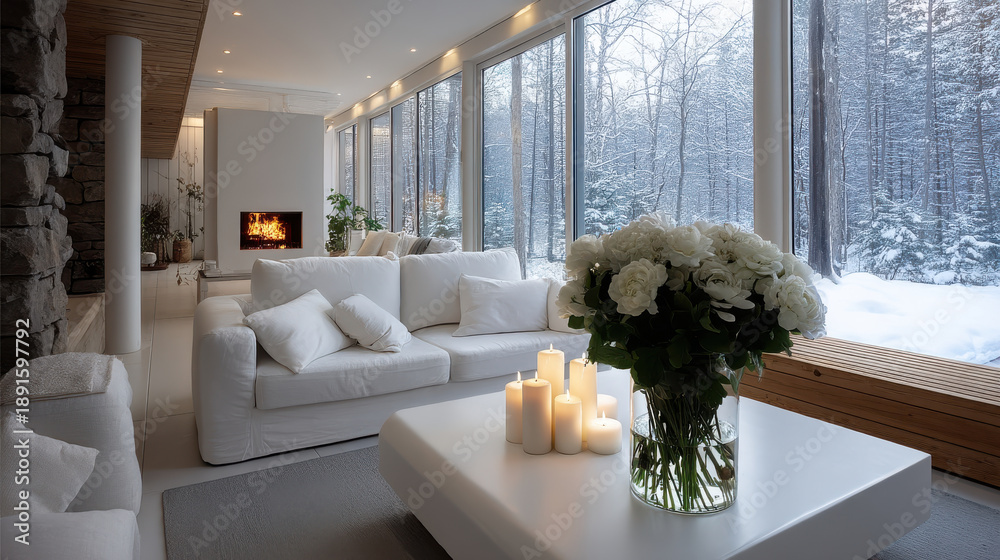 Fototapeta premium White sofa cozy living room winter fireplace large window snow candle flower modern interior create warm inviting atmosphere