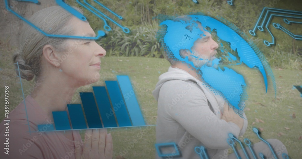 Fototapeta premium Meditating pair in prayer pose on lawn, blue globe bar chart circuit overlays, pink top grey-hoodie