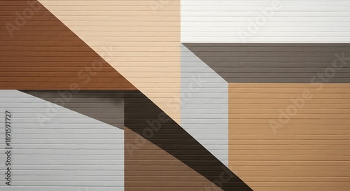 Geometric abstract composition with intersecting diagonal shapes in neutral tones, featuring layered textures and a modern minimalist aesthetic with architectural balance