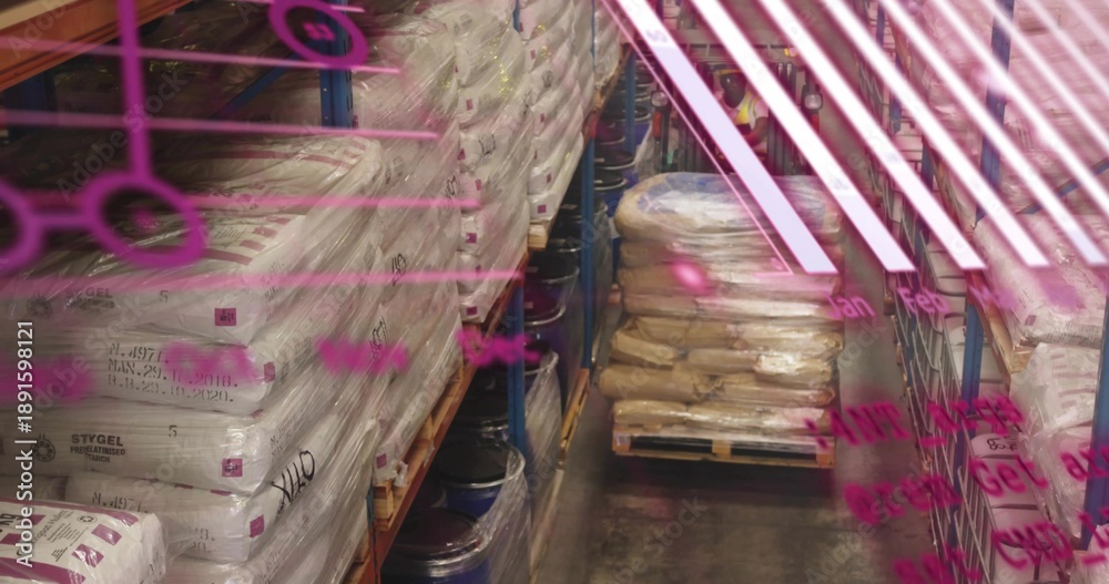Fototapeta premium Displaying stacked white bagged pallets wrapped in plastic in storage aisle, with magenta panel