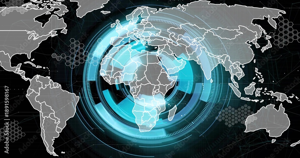 Naklejka premium Displaying digital world map with concentric cyan HUD rings on virtual interface, showing nodes