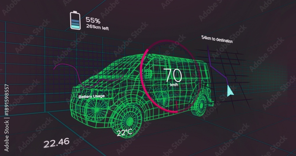 Naklejka premium Displaying neon green wireframe SUV rotating in virtual 3D grid, with magenta speed gauge