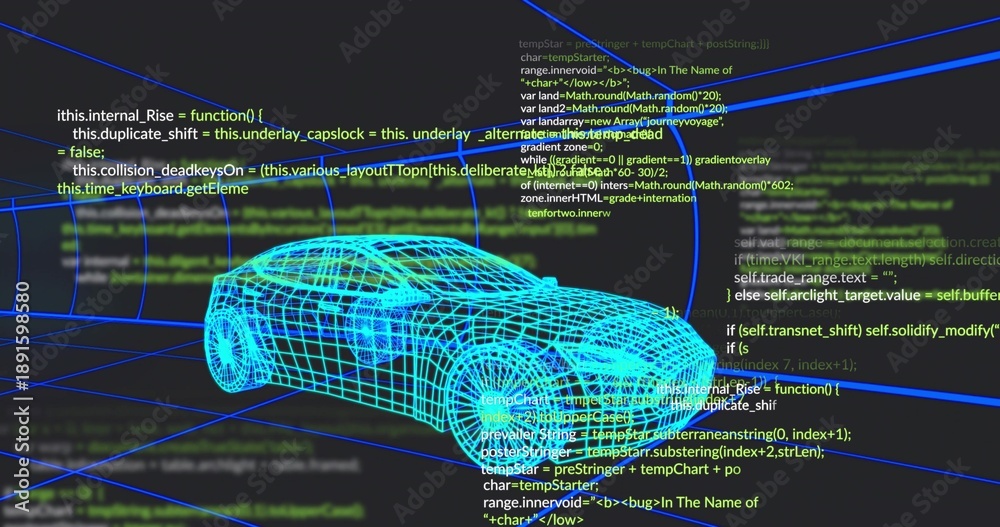 Fototapeta premium Rendering neon-cyan wireframe sedan model rotating in virtual 3D CAD workspace, with code overlays
