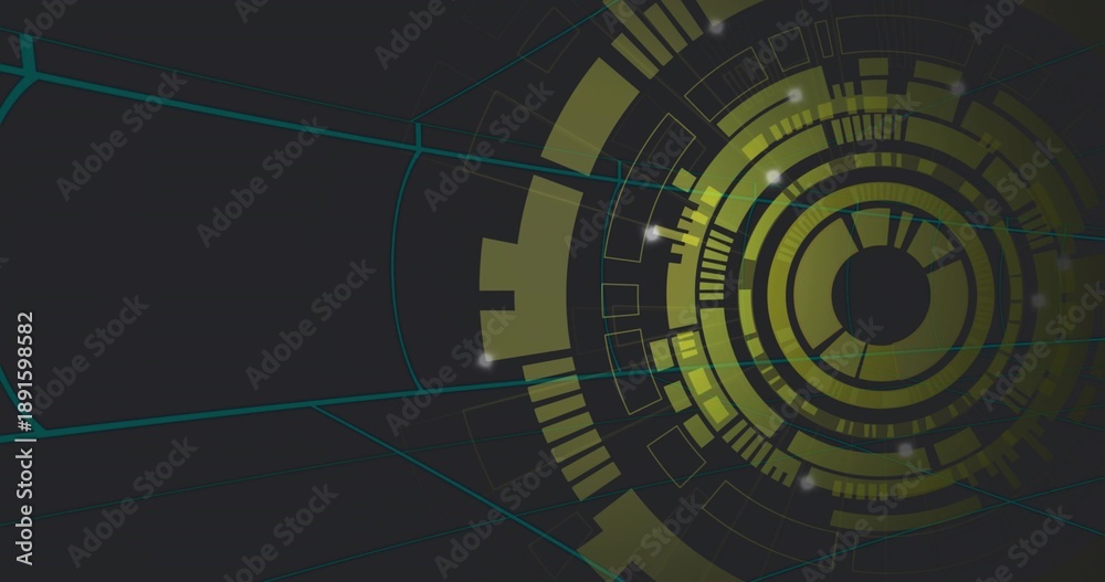 Obraz premium Showing yellow-green concentric interface on right in dark dashboard with teal grid, copy space