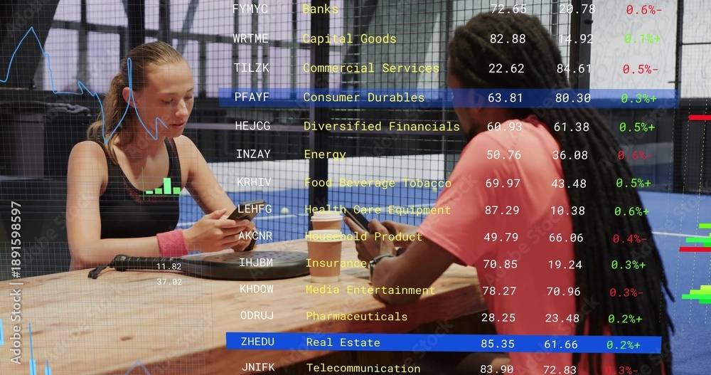 Obraz premium Checking pair in workout gear at gym tapping phones, showing market overlay, charger, pink band